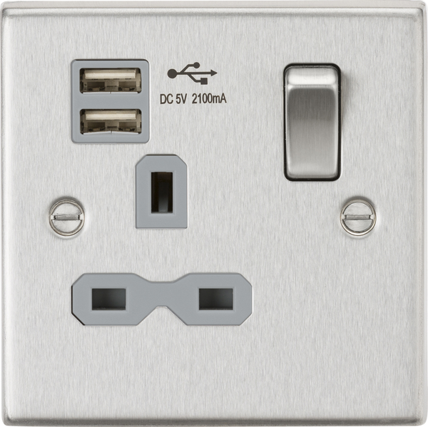 Knightsbridge MLA CS91BCG 13A 1G Switched Socket Dual USB Charger (2.1A) with Grey Insert - Square Edge Brushed Chrome