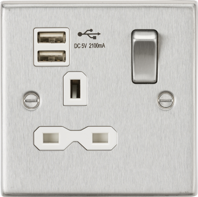 Knightsbridge MLA CS91BCW 13A 1G Switched Socket Dual USB Charger (2.1A) with White Insert - Square Edge Brushed Chrome