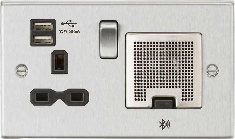 Knightsbridge MLA CS9905BC 13A Socket, USB chargers (2.4A), & Bluetooth Speaker - Square Edge Brushed Chrome with black insert