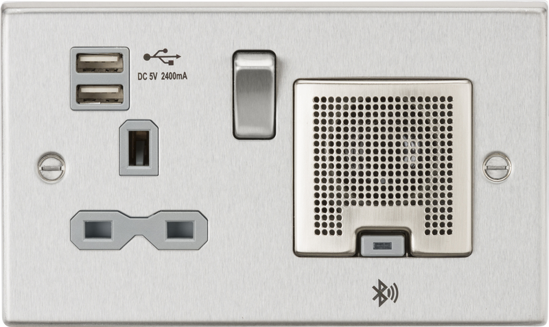 Knightsbridge MLA CS9905BCG 13A Socket, USB chargers (2.4A), & Bluetooth Speaker - Square Edge Brushed Chrome with grey insert