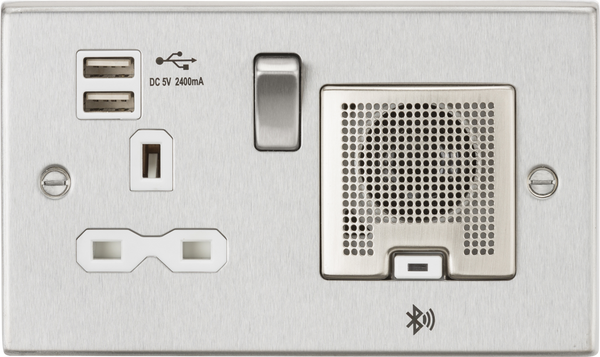 Knightsbridge MLA CS9905BCW 13A Socket, USB chargers (2.4A), & Bluetooth Speaker - Square Edge Brushed Chrome with white insert