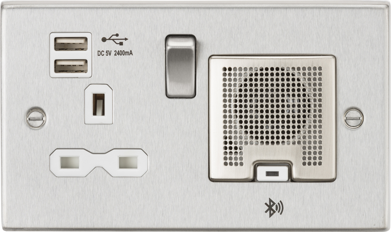 Knightsbridge MLA CS9905BCW 13A Socket, USB chargers (2.4A), & Bluetooth Speaker - Square Edge Brushed Chrome with white insert