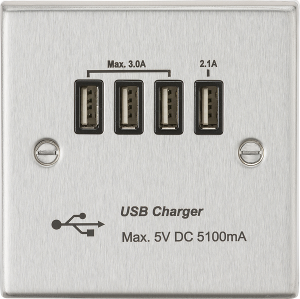 Knightsbridge MLA CSQUADBC Quad USB Charger Outlet (5.1A) - Brushed Chrome with Black Insert