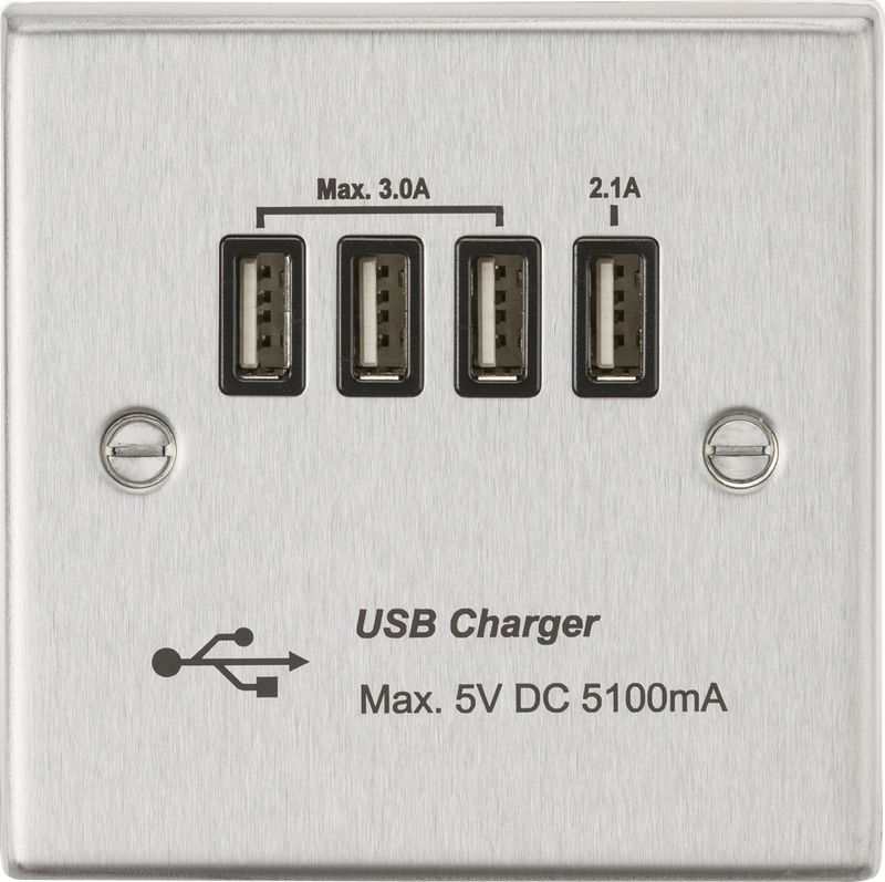 Knightsbridge MLA CSQUADBC Quad USB Charger Outlet (5.1A) - Brushed Chrome with Black Insert