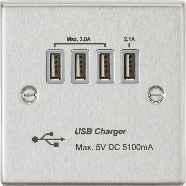 Knightsbridge MLA CSQUADBCG Quad USB Charger Outlet (5.1A) - Brushed Chrome with Grey Insert