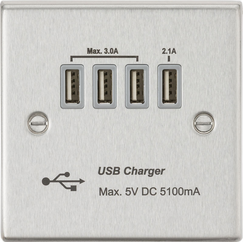 Knightsbridge MLA CSQUADBCG Quad USB Charger Outlet (5.1A) - Brushed Chrome with Grey Insert