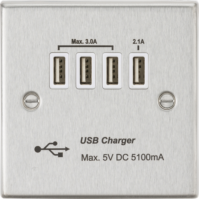 Knightsbridge MLA CSQUADBCW Quad USB Charger Outlet (5.1A) - Brushed Chrome with White Insert