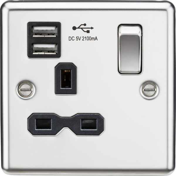 Knightsbridge MLA CL91PC 13A 1G Switched Socket Dual USB Charger Slots with Black Insert - Rounded Edge Polished Chrome