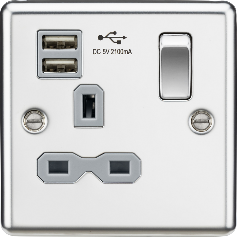 Knightsbridge MLA CL91PCG 13A 1G Switched Socket Dual USB Charger Slots with Grey Insert - Rounded Edge Polished Chrome