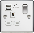 Knightsbridge MLA CL91PCW 13A 1G Switched Socket Dual USB Charger Slots with White Insert - Rounded Edge Polished Chrome
