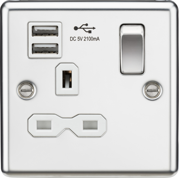 Knightsbridge MLA CL91PCW 13A 1G Switched Socket Dual USB Charger Slots with White Insert - Rounded Edge Polished Chrome