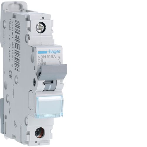 Hager NDN163A 63A, 1-Pole, 10kA-15kA, D-Curve Type AC MCB