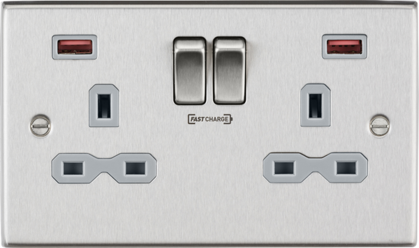 Knightsbridge MLA CS9908BCG 13A 2G DP Switched Socket with Dual USB FASTCHARGE ports (A + A) - Brushed Chrome with grey insert