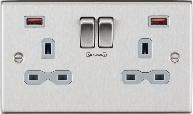 Knightsbridge MLA CS9908BCG 13A 2G DP Switched Socket with Dual USB FASTCHARGE ports (A + A) - Brushed Chrome with grey insert