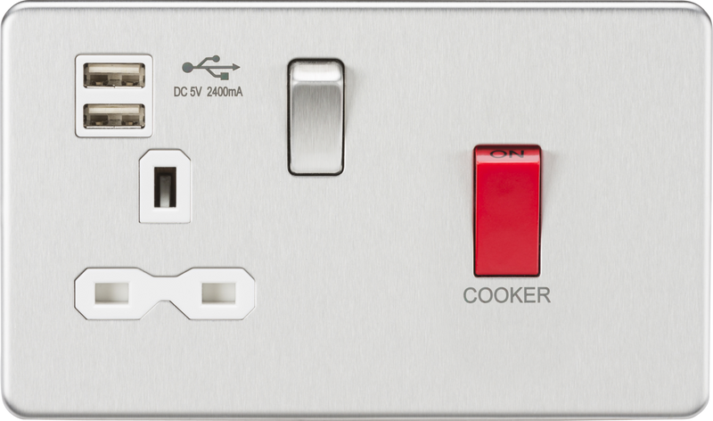 Knightsbridge MLA SFR8333UBCW 45A DP Switch & 13A Switched Socket with Dual USB Charger 2.4A - Brushed Chrome with white insert