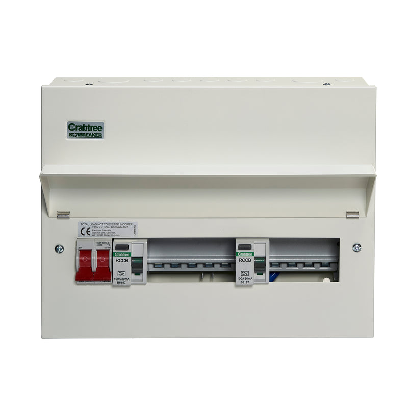 Crabtree 509-2135134B 9 Way Dual RCD Consumer Unit 100A Main Switch, 100A 30mA RCD +5, 100A 30mA RCD +4