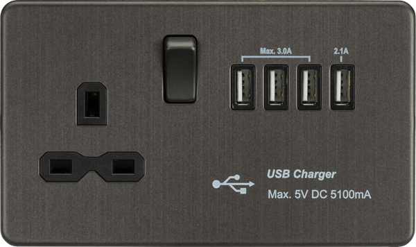 Knightsbridge MLA SFR7USB4SB Screwless 13A switched socket with Quad USB charger (5.1A) - Smoked Bronze