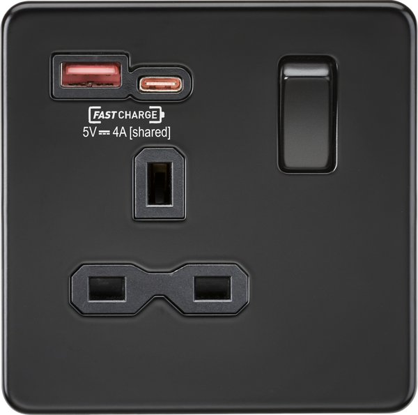 Knightsbridge MLA SFR9919MBB 13A 1G Switched Socket with dual USB [FASTCHARGE] A+C - Matt Black