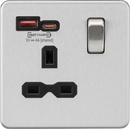 Knightsbridge MLA Screwless SFR9919BC 13A 1G Switched Socket with dual USB [FASTCHARGE] A+C - Brushed Chrome with black insert