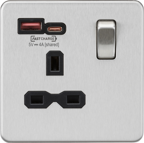 Knightsbridge MLA SFR9919BC 13A 1G Switched Socket with dual USB [FASTCHARGE] A+C - Brushed Chrome with black insert