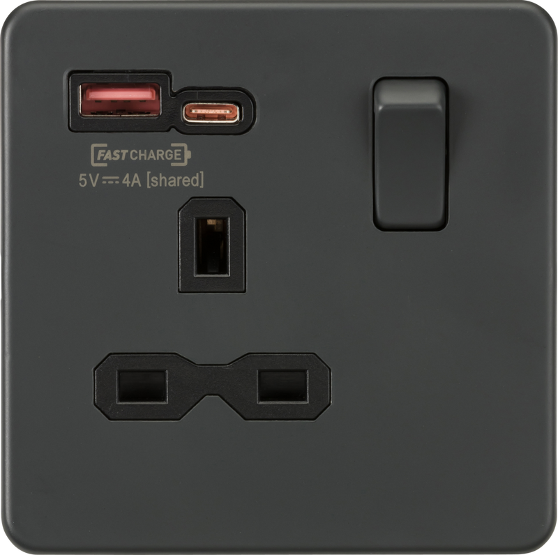 Knightsbridge MLA SFR9919AT 13A 1G Switched Socket with dual USB [FASTCHARGE] A+C - Anthracite