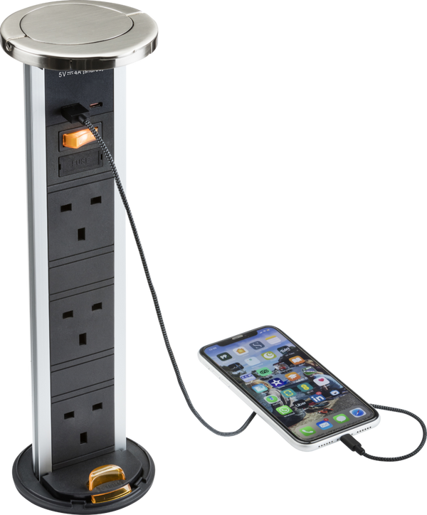 Knightsbridge MLA SK9909BC IP54 3G pop-up socket with dual USB charger  A+C (FASTCHARGE) - Brushed chrome Cap