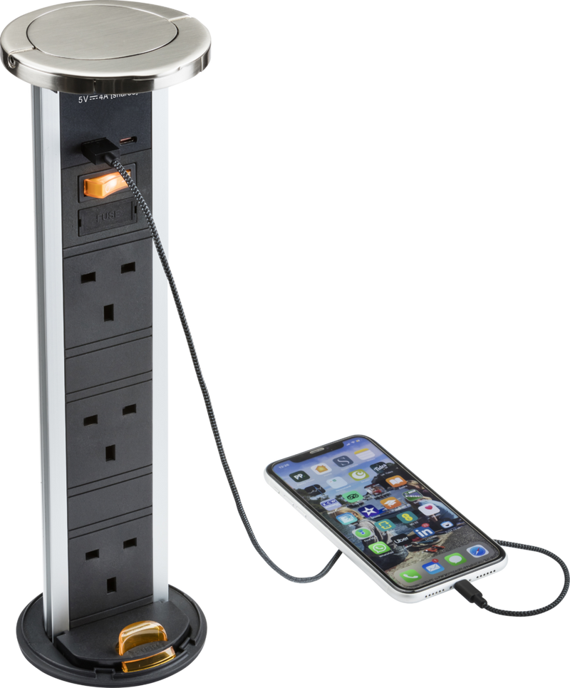 Knightsbridge MLA SK9909BC IP54 3G pop-up socket with dual USB charger  A+C (FASTCHARGE) - Brushed chrome Cap