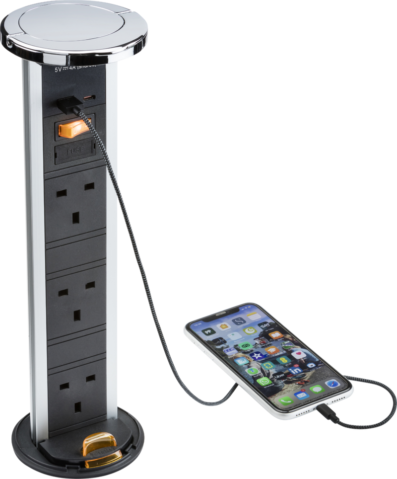 Knightsbridge MLA SK9909PC IP54 3G pop-up socket with dual USB charger  A+C (FASTCHARGE) - Polished chrome Cap