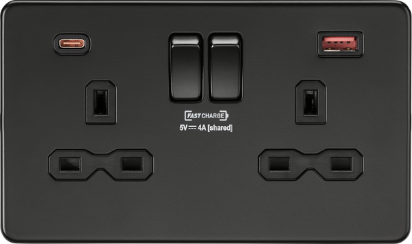 Knightsbridge MLA SFR9909MBB 13A 2G DP Switched Socket with dual USB [FASTCHARGE] A+C - Matt Black