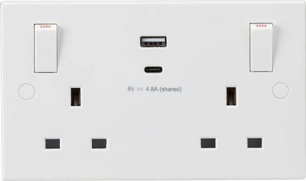 Knightsbridge MLA SN9002 13A 2G Switched socket with outboard rockers and dual USB (A+C) 5V DC 4.8A shared