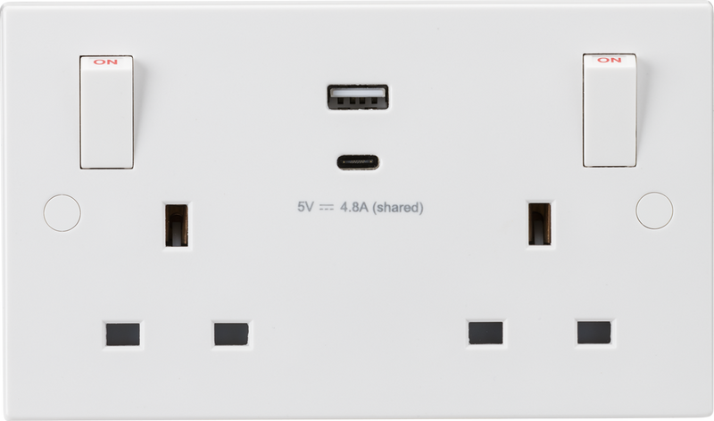 Knightsbridge MLA SN9002 13A 2G Switched socket with outboard rockers and dual USB (A+C) 5V DC 4.8A shared