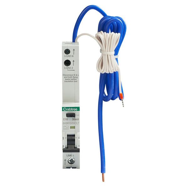 Crabtree 6HSR10-30C-LT C10 30mA 10kA 1P+N Type A RCBO (1 Module Width) Long Tail