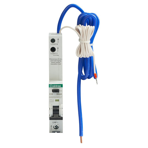Crabtree 6HSR32-30C-LT C32 30mA 10kA 1P+N Type A RCBO (1 Module Width) Long Tail
