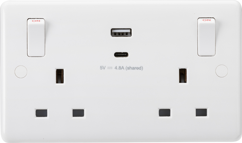 Knightsbridge MLA CU9002 13A 2G Switched socket with outboard rockers and dual USB (A+C)  5V DC 4.8A shared