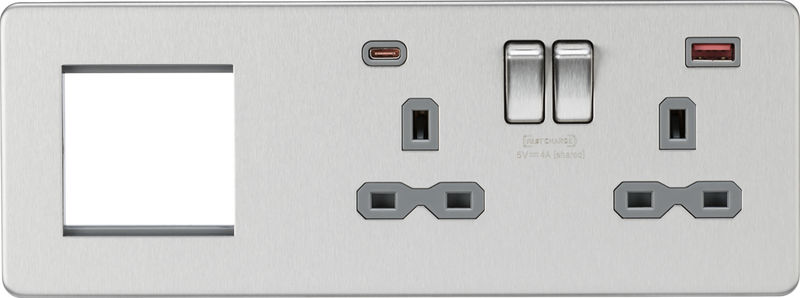 Knightsbridge MLA SFR992RBCG Screwless 13A 2G DP Socket with USB Fastcharge + 2G Modular Combination Plate - Brushed Chrome