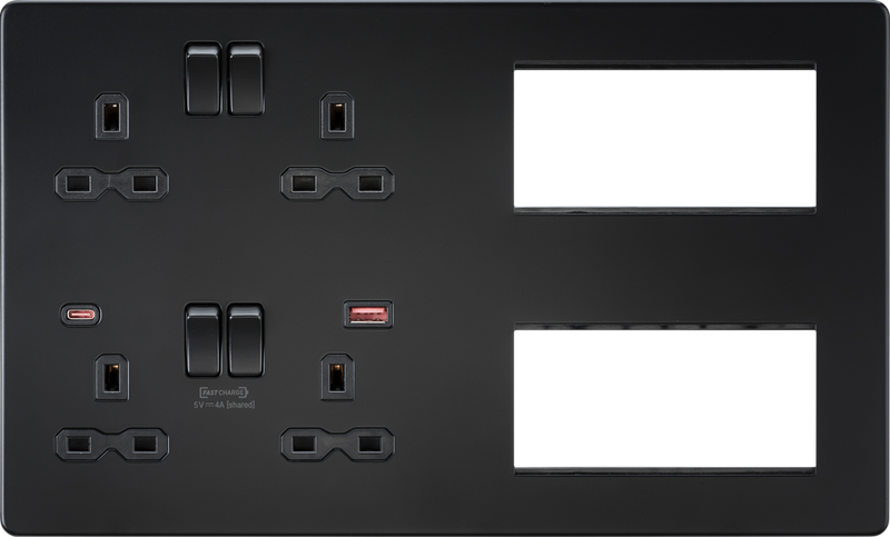 Knightsbridge MLA SFR998MBB Screwless Combination Plate with Dual USB FASTCHARGE A+C - Matt Black