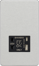 Knightsbridge MLA Screwless SF8909BC Shaver socket with dual USB A+C (5V DC 2.4A shared) - brushed chrome with black insert