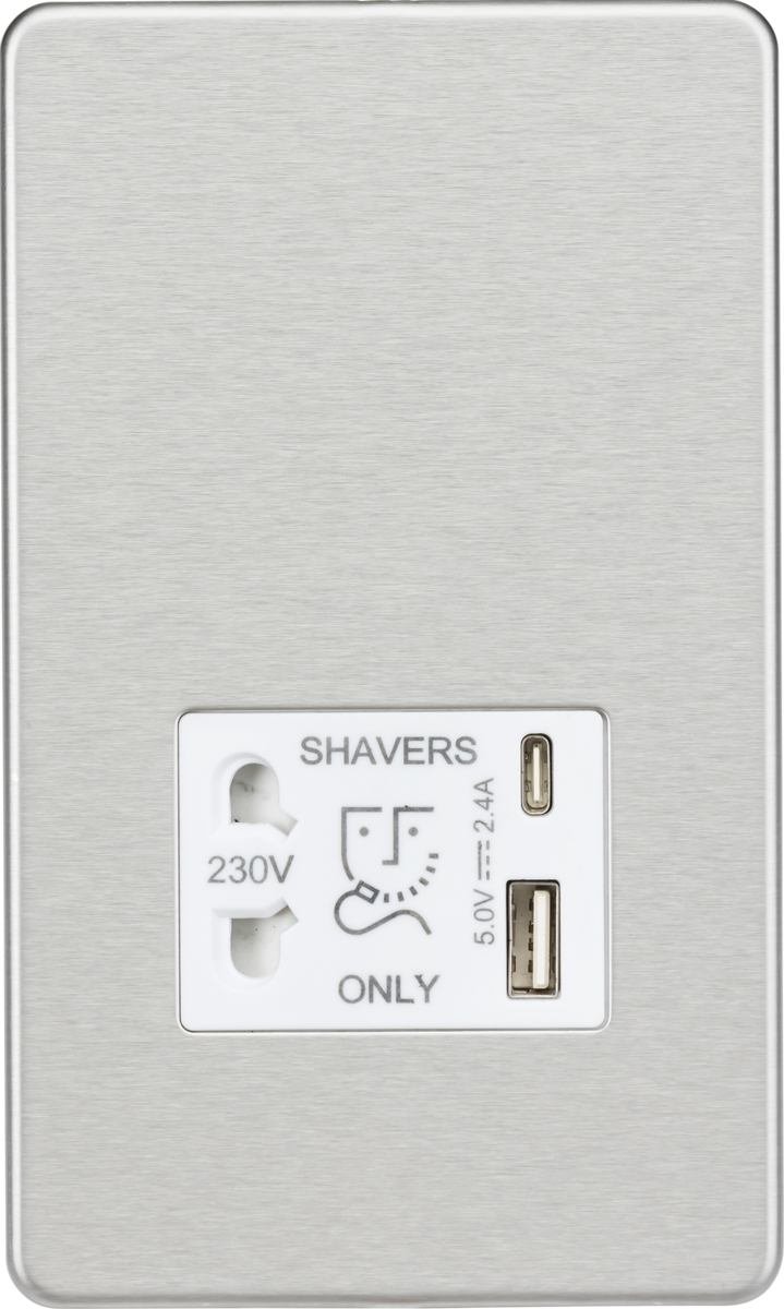 Knightsbridge MLA SF8909BCW Shaver socket with dual USB A+C (5V DC 2.4A shared) - brushed chrome with white insert