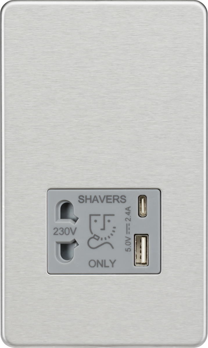 Knightsbridge MLA SF8909BCG Shaver socket with dual USB A+C (5V DC 2.4A shared) - brushed chrome with grey insert