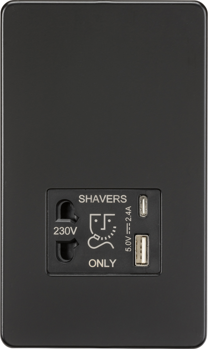 Knightsbridge MLA SF8909MB Shaver socket with dual USB A+C (5V DC 2.4A shared) - matt black