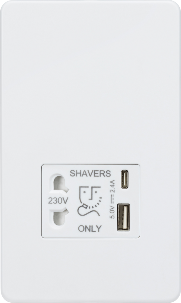 Knightsbridge MLA Screwless SF8909MW Shaver socket with dual USB A+C (5V DC 2.4A shared) - matt white