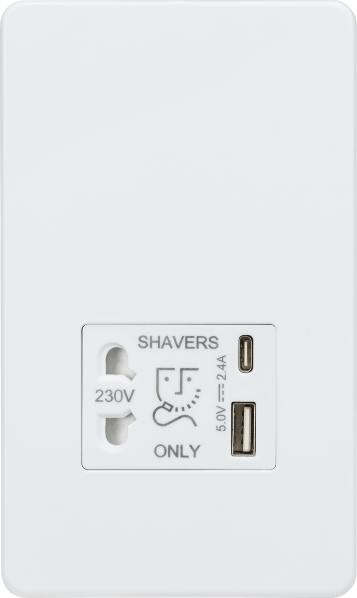 Knightsbridge MLA SF8909MW Shaver socket with dual USB A+C (5V DC 2.4A shared) - matt white