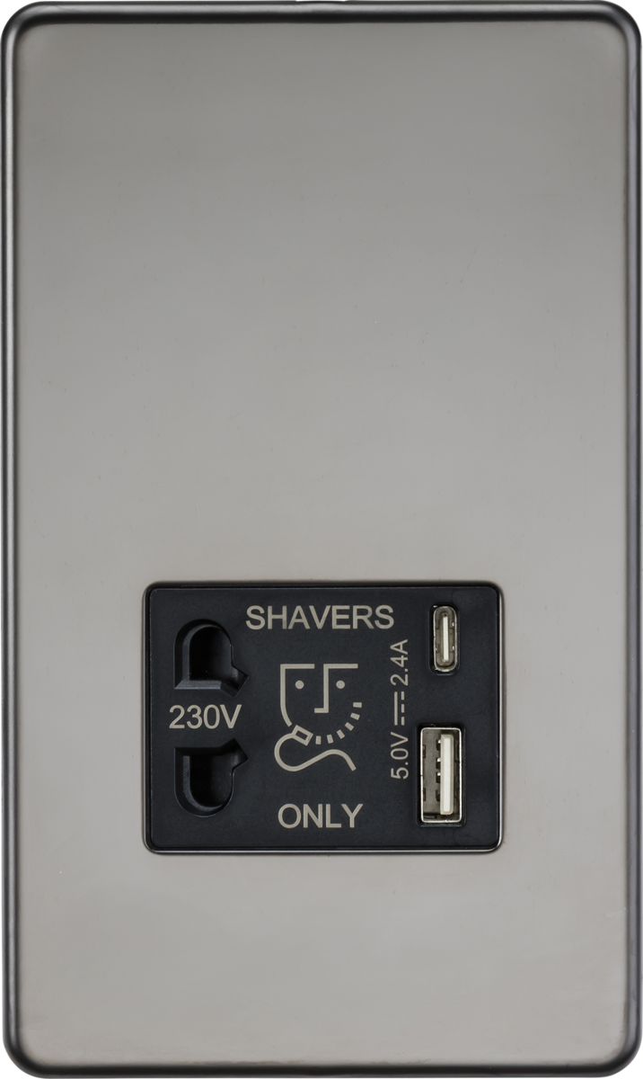 Knightsbridge MLA SF8909BN Shaver socket with dual USB A+C (5V DC 2.4A shared) - black nickel