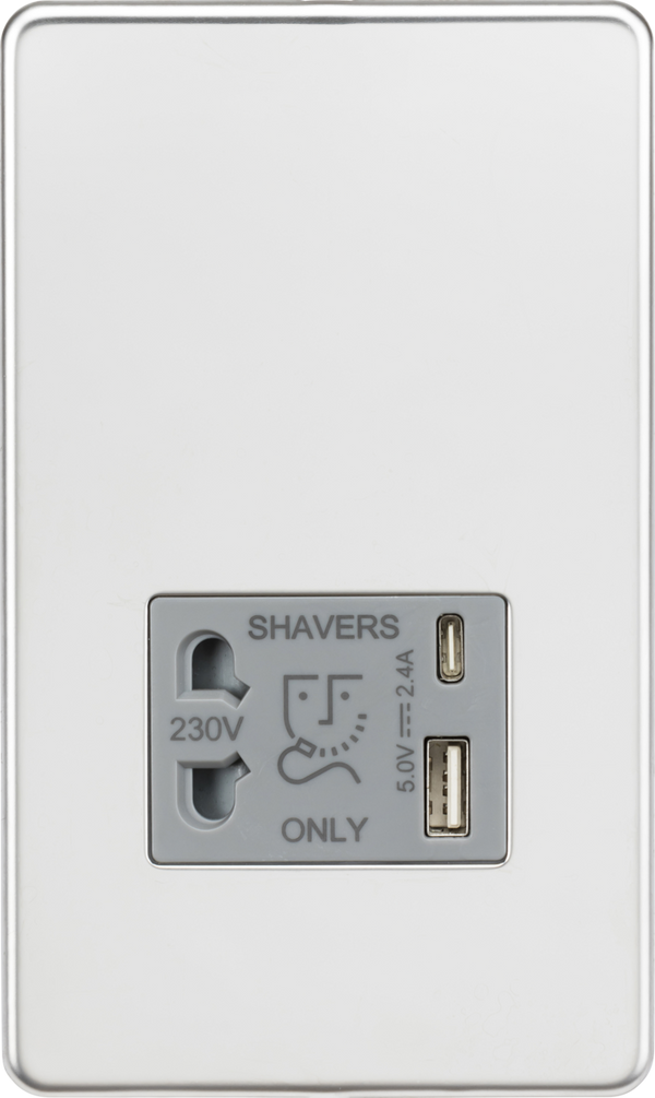 Knightsbridge MLA SF8909PCG Shaver socket with dual USB A+C (5V DC 2.4A shared) - polished chrome with grey insert