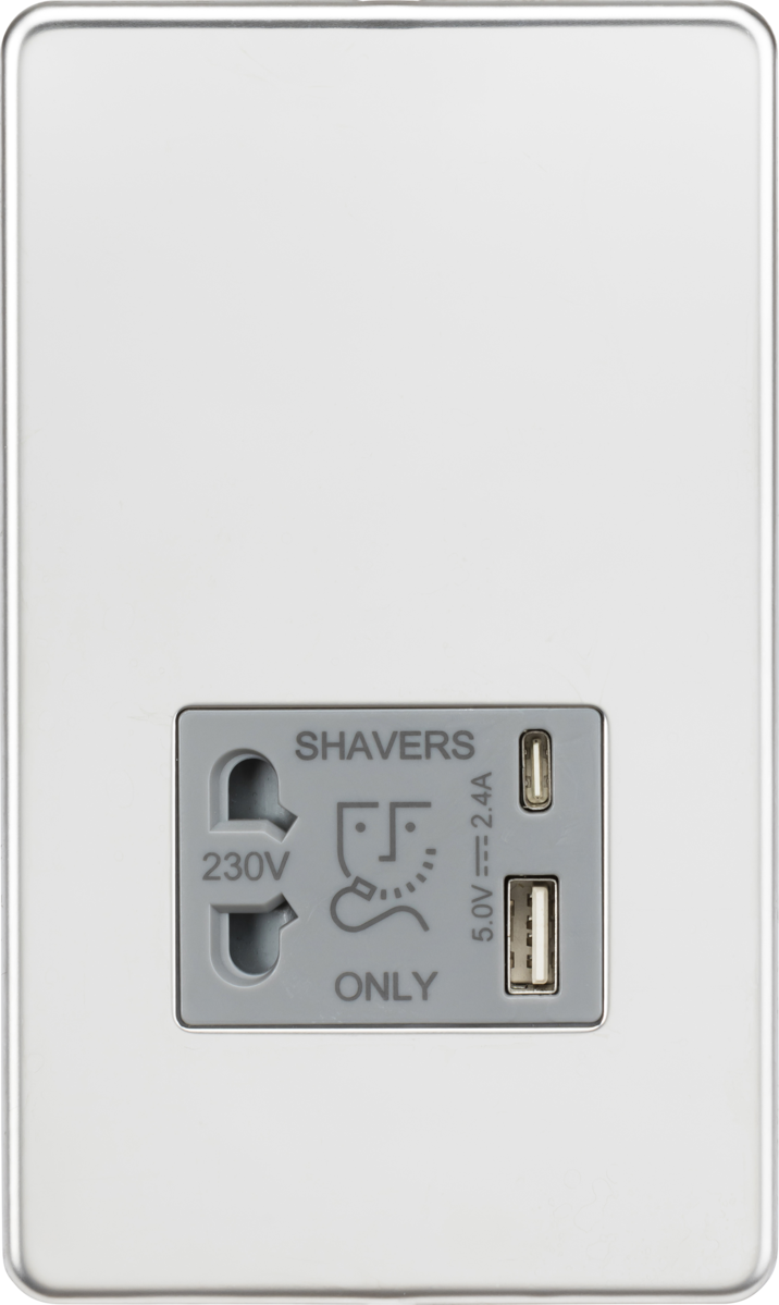 Knightsbridge MLA Screwless SF8909PCG Shaver socket with dual USB A+C (5V DC 2.4A shared) - polished chrome with grey insert