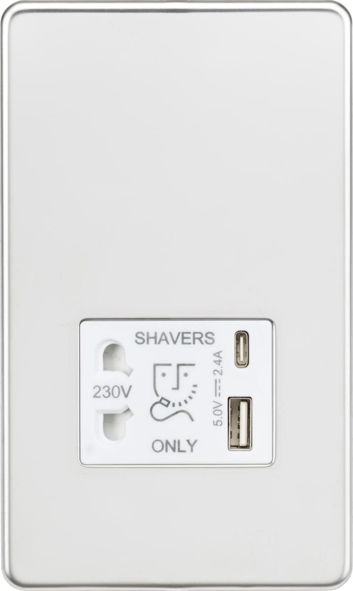 Knightsbridge MLA SF8909PCW Shaver socket with dual USB A+C (5V DC 2.4A shared) - polished chrome with white insert