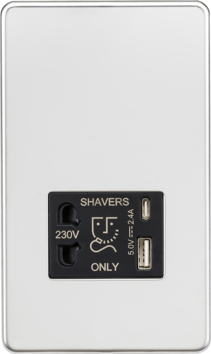 Knightsbridge MLA SF8909PC Shaver socket with dual USB A+C (5V DC 2.4A shared) - polished chrome with black insert