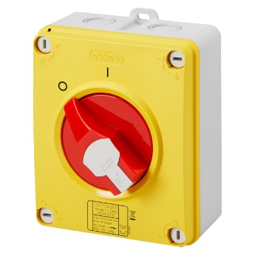 Gewiss GW70431P 2P, 16A, Rotary Emergency Isolator Switch (Box) w- Lockable Red Knob