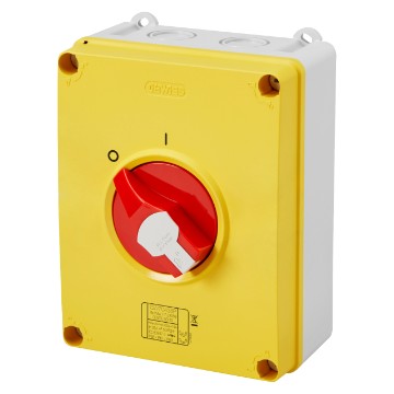 Gewiss GW70437P 3P, 63A, Rotary Emergency Isolator Switch (Box) w- Lockable Red Knob