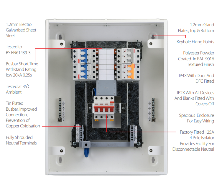 Contactum  Type B Distribution Board 6 TP Ways  Provision for Iso- Board Rated 125A - DDB125PIR06